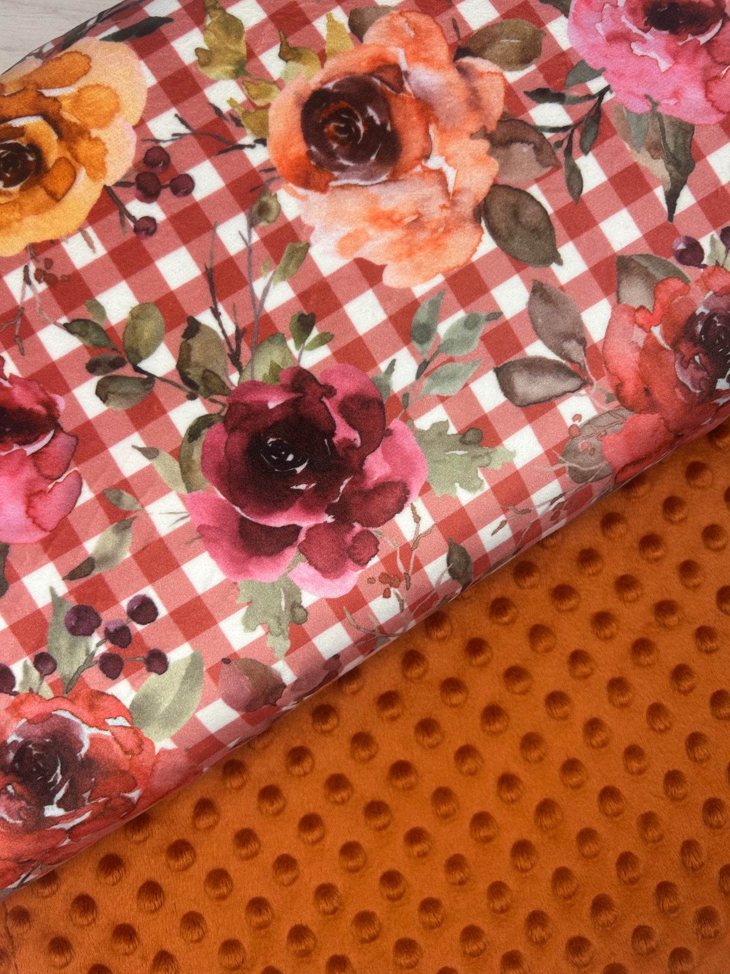 Gingham Floral Raspberry - Minky Fabric