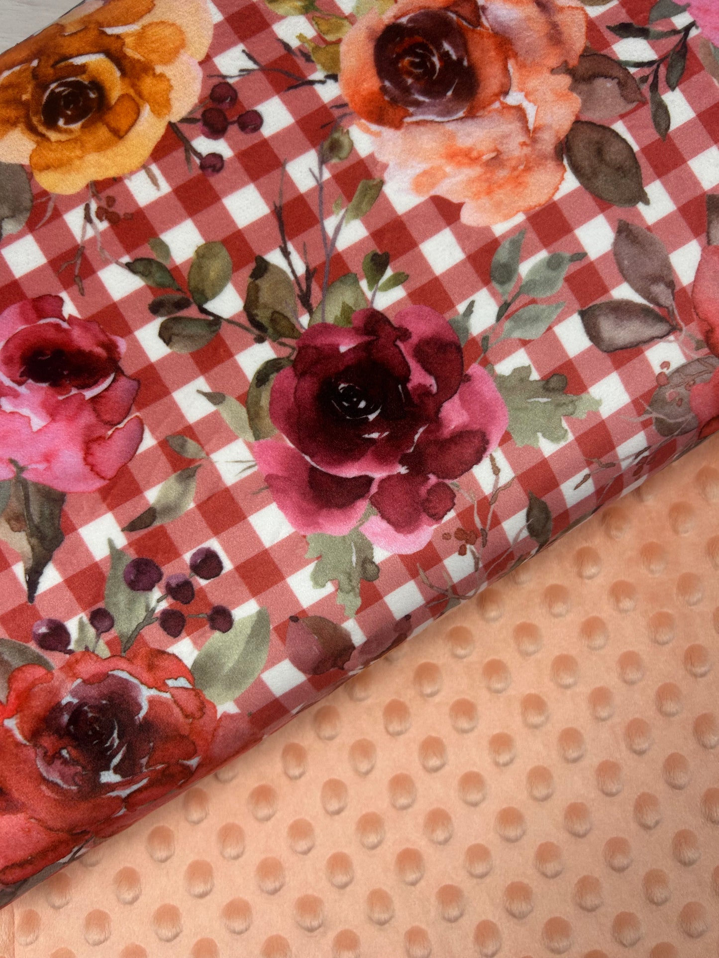 Gingham Floral Raspberry - Minky Fabric