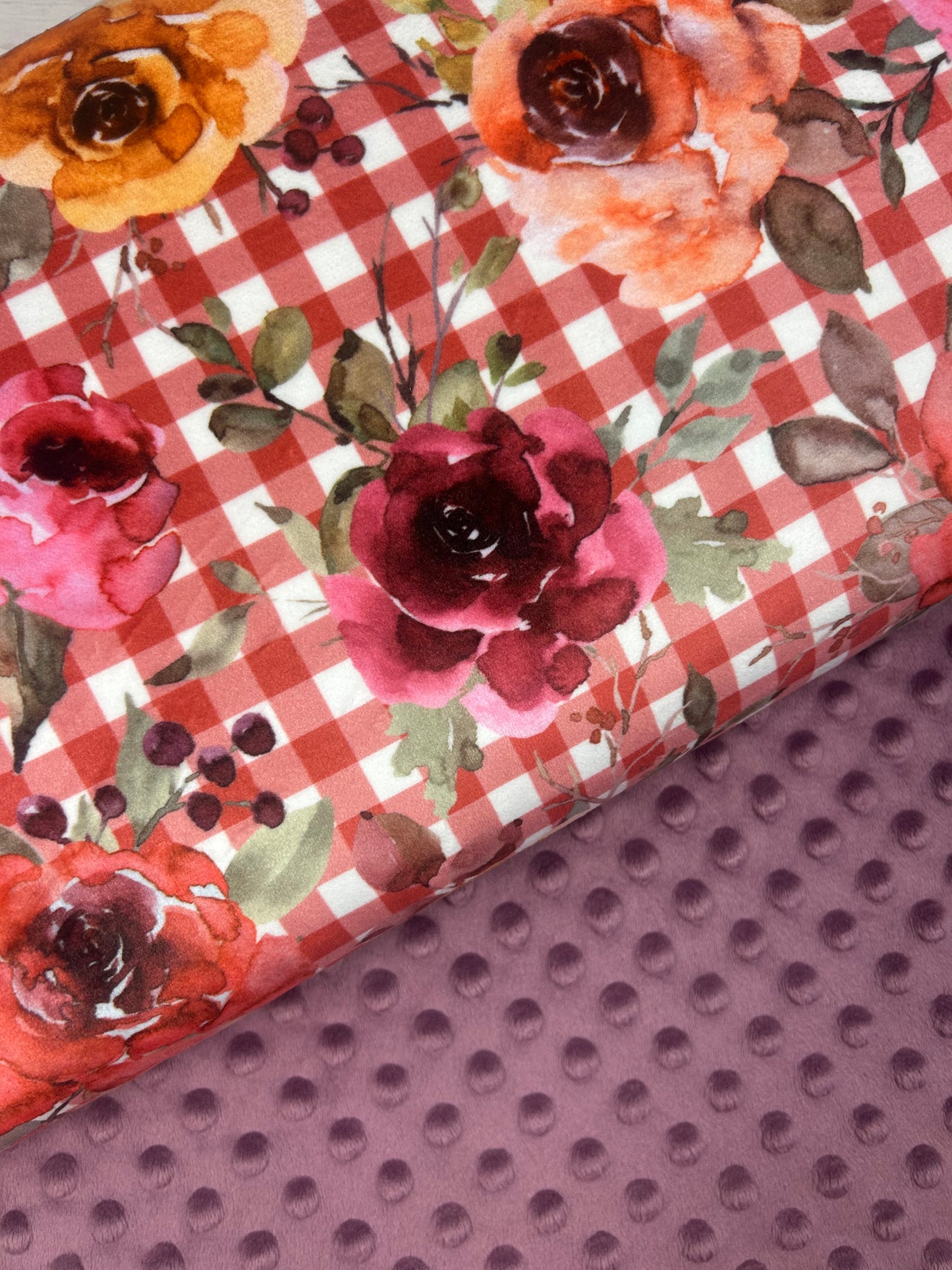 Gingham Floral Raspberry - Minky Fabric