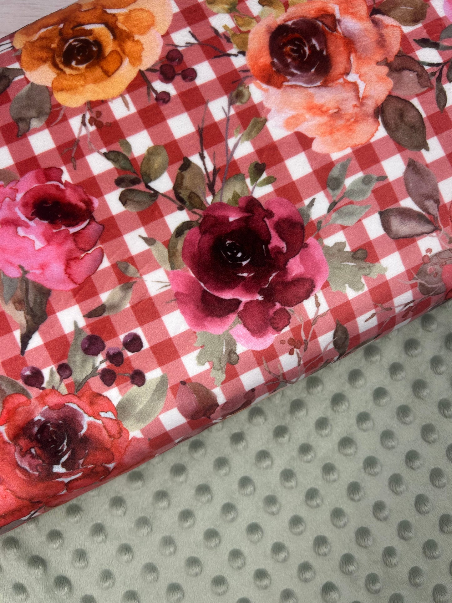 Gingham Floral Raspberry - Minky Fabric