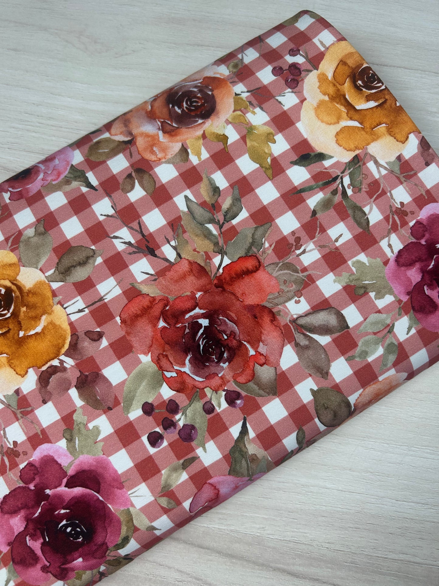 Gingham Floral Raspberry - Cotton Lycra Fabric