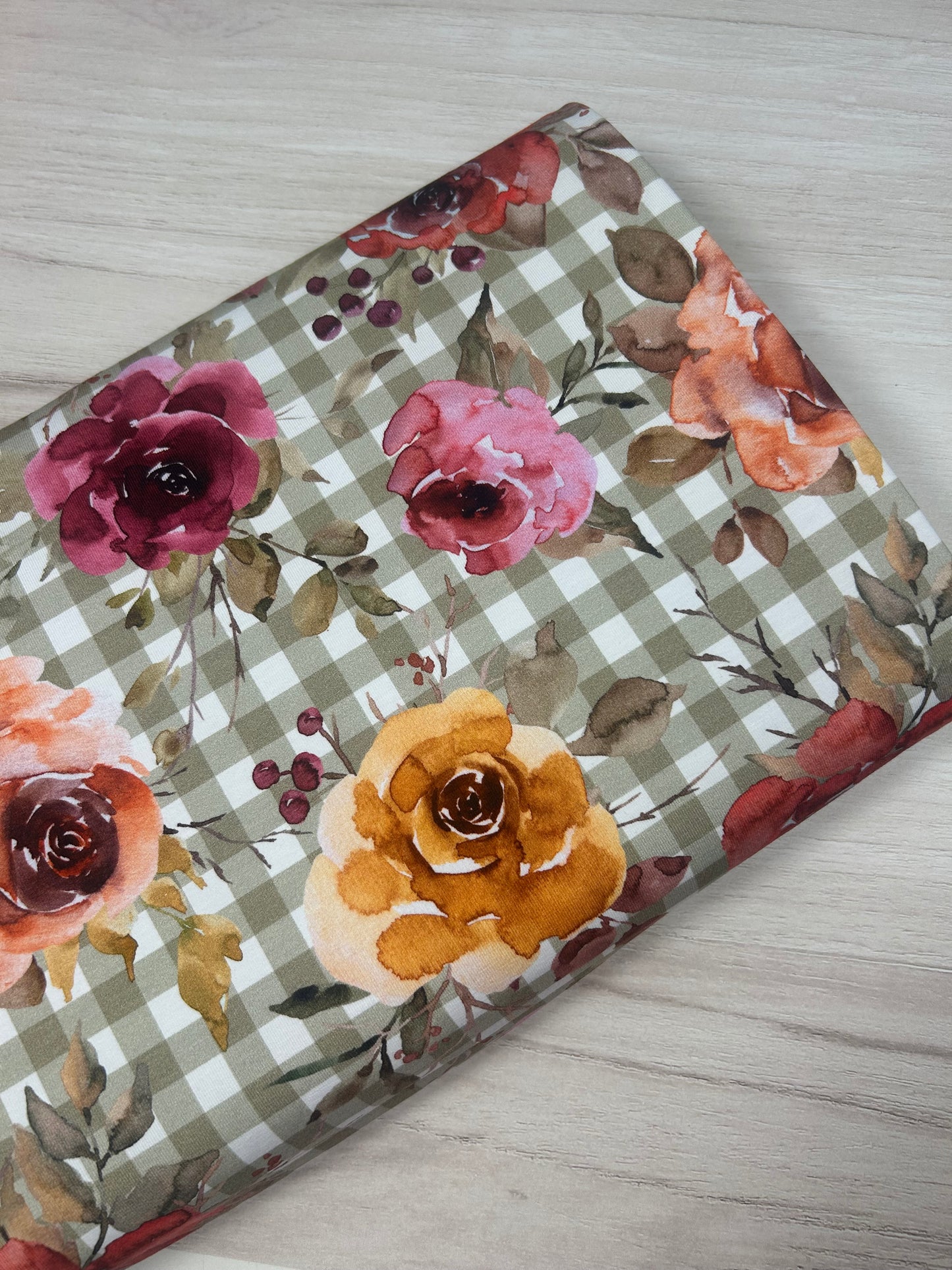 Gingham Floral Sage - Cotton Lycra Fabric