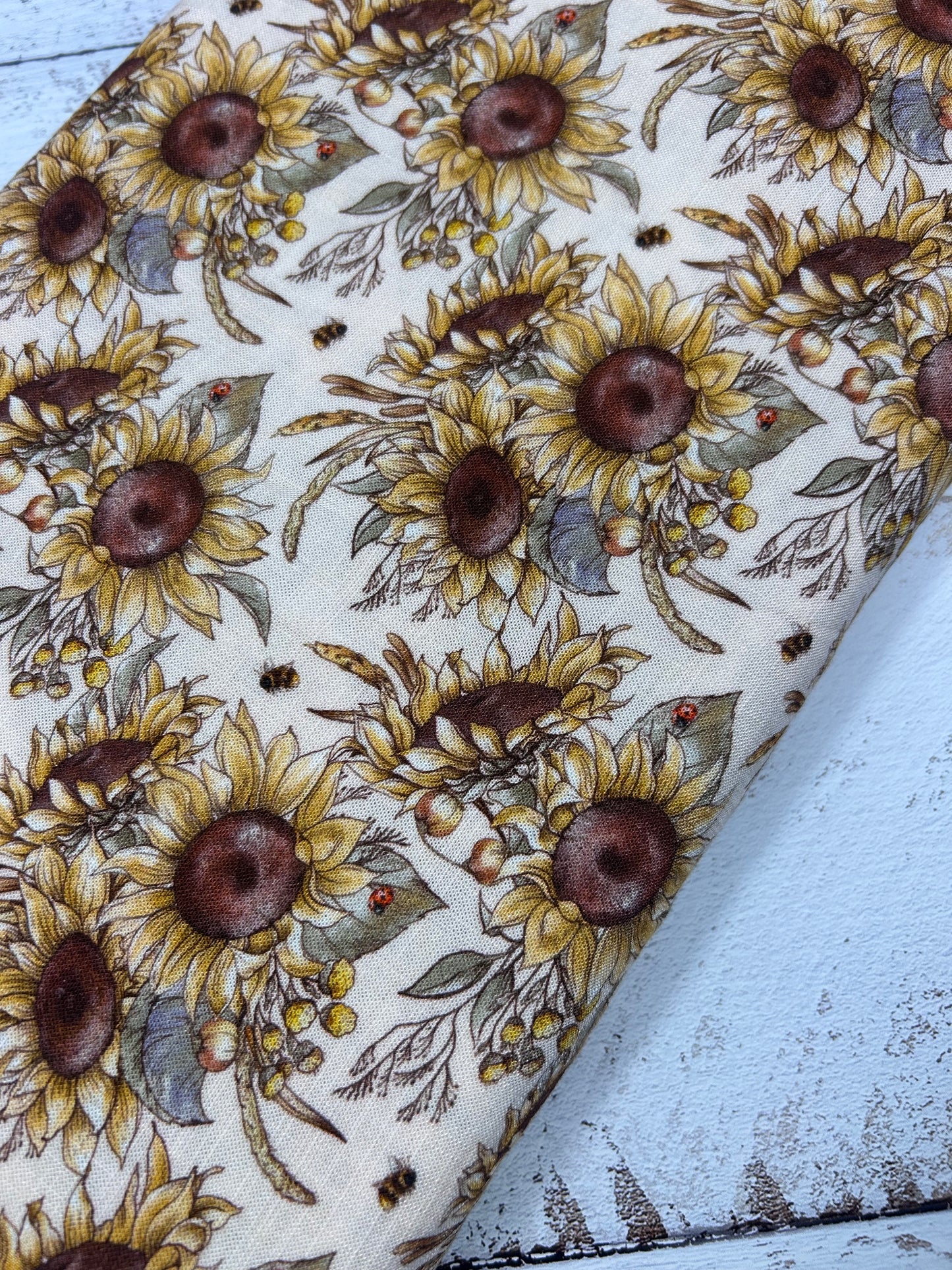 Sunflowers and Ladybugs - Linen Fabric