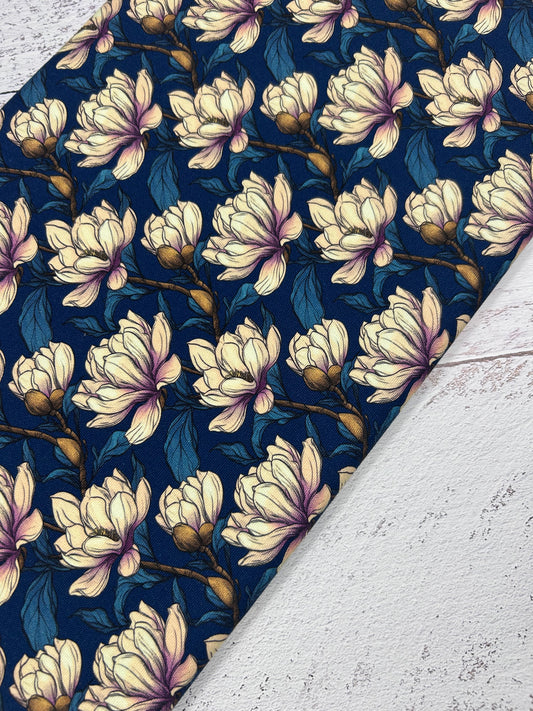White Magnolia on Navy  - Canvas Fabric