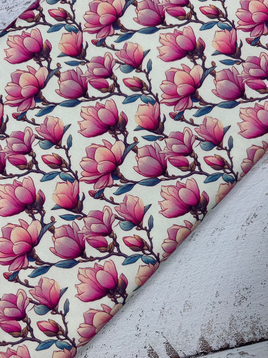 Pink Closed Magnolia on White  - Canvas Fabric