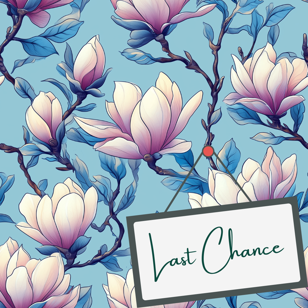 Pale Pink Magnolia on Blue (September Pre-Order) - Fabric
