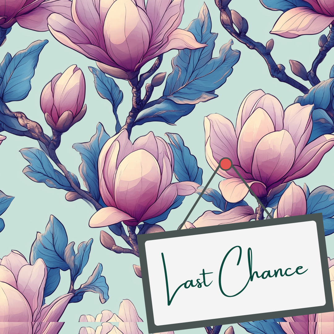 Pink Closed Magnolia on Blue (September Pre-Order) - Fabric