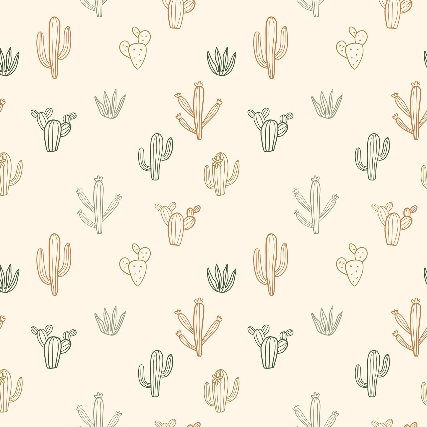 Pattern of various cacti illustrations on a beige background