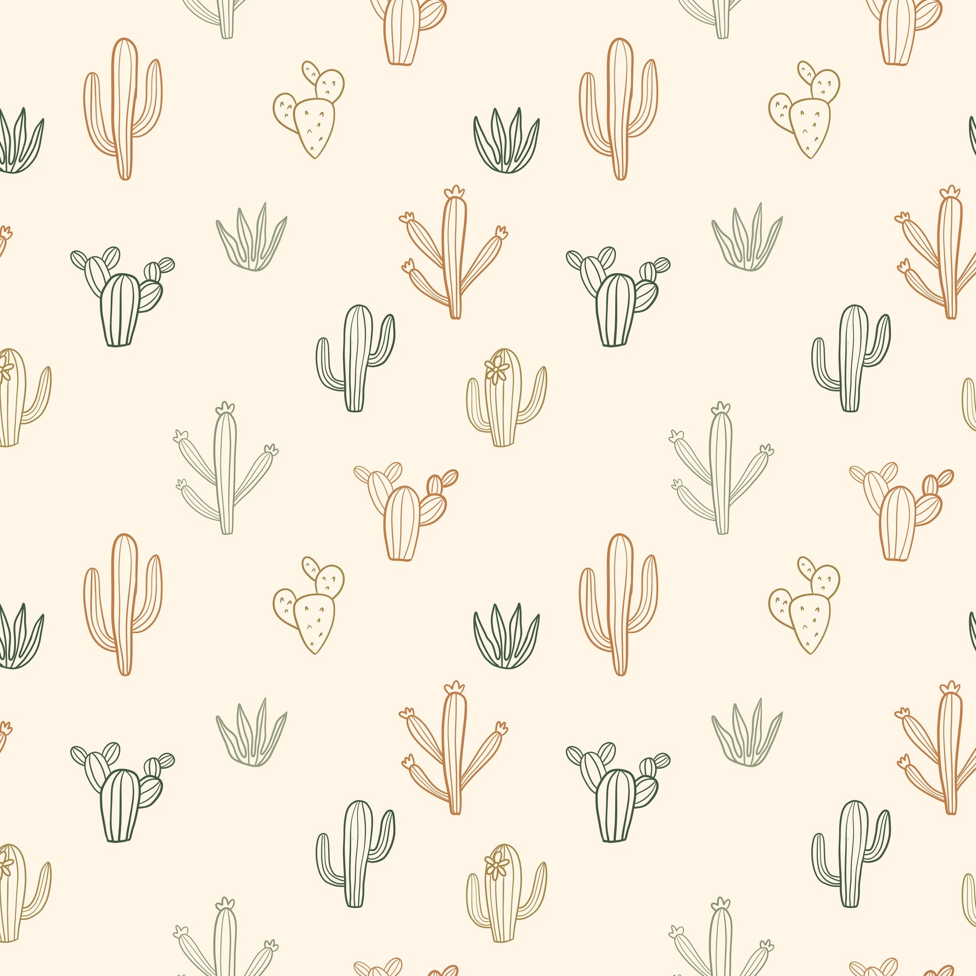 Pattern of various cacti illustrations on a beige background
