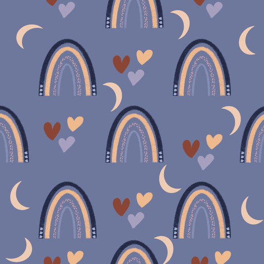 Pattern of rainbows, hearts, and moons on a blue background