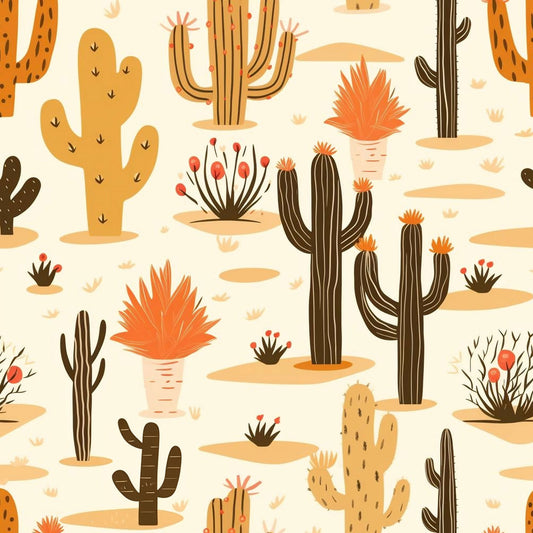 Pattern of various cacti and desert plants on a beige background