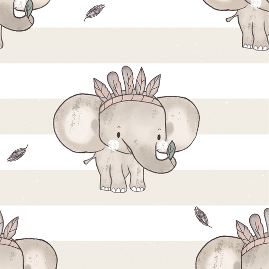Pattern of cartoon elephants with feathers on a beige background
