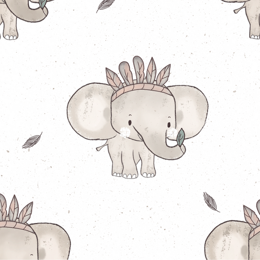 Pattern of cartoon elephants with feather headdresses on a light background
