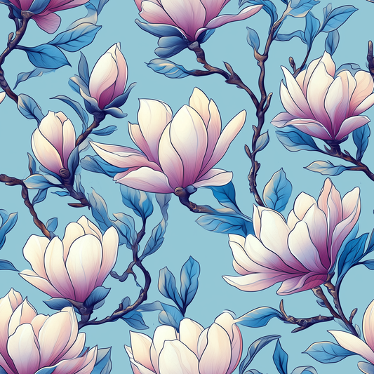 Pale Pink Magnolia on Blue (June Pre-Order) - Fabric