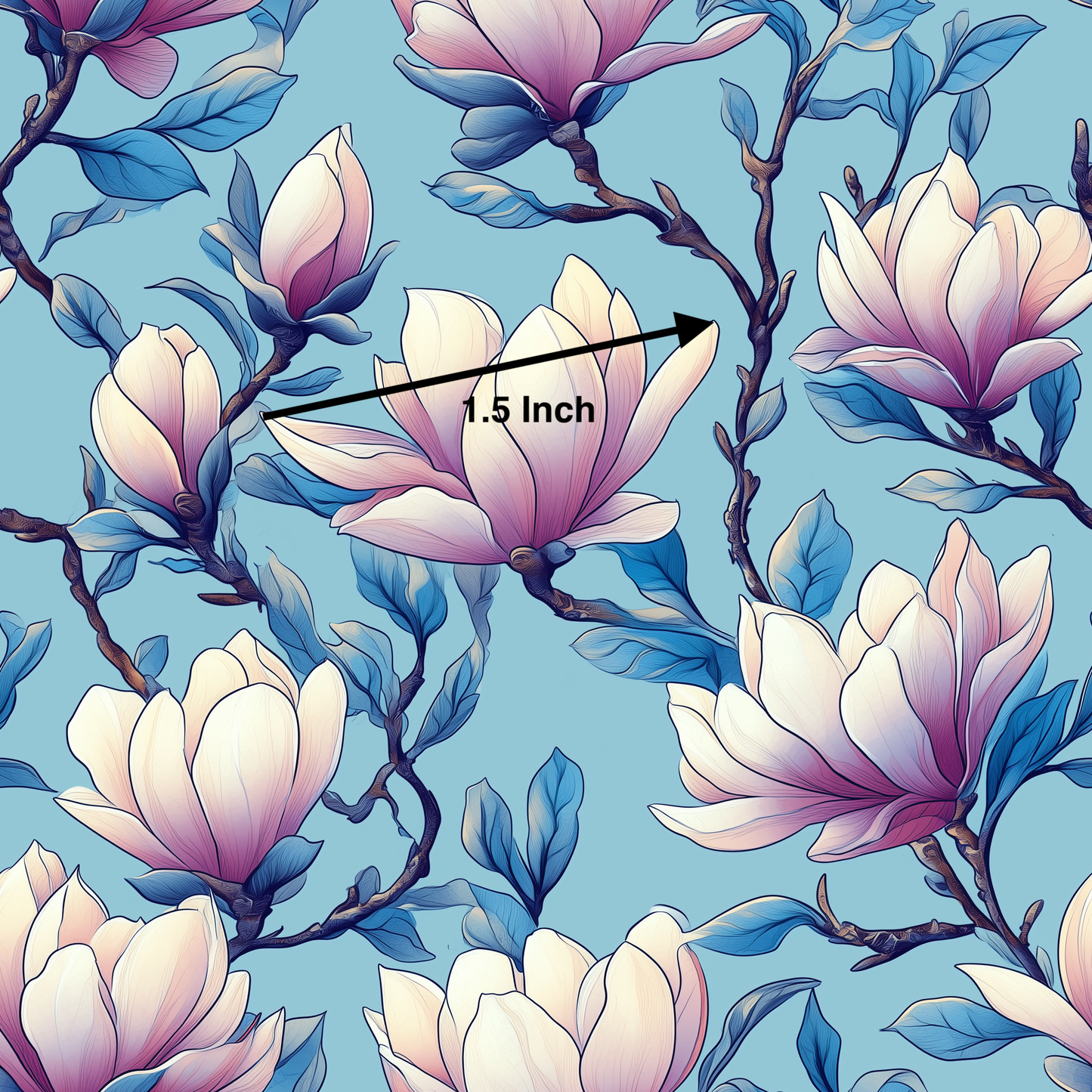 Pale Pink Magnolia on Blue (July Pre-Order) - Fabric