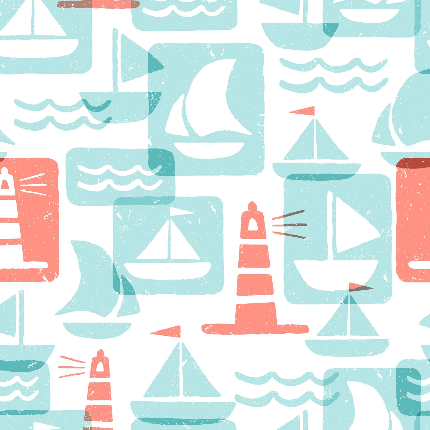 Nautical pattern with sailboats, lighthouses, and buoys on a white background