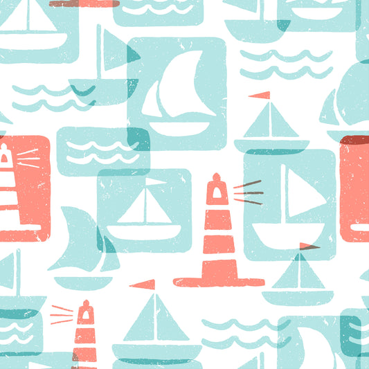 Nautical pattern with sailboats, lighthouses, and buoys on a white background