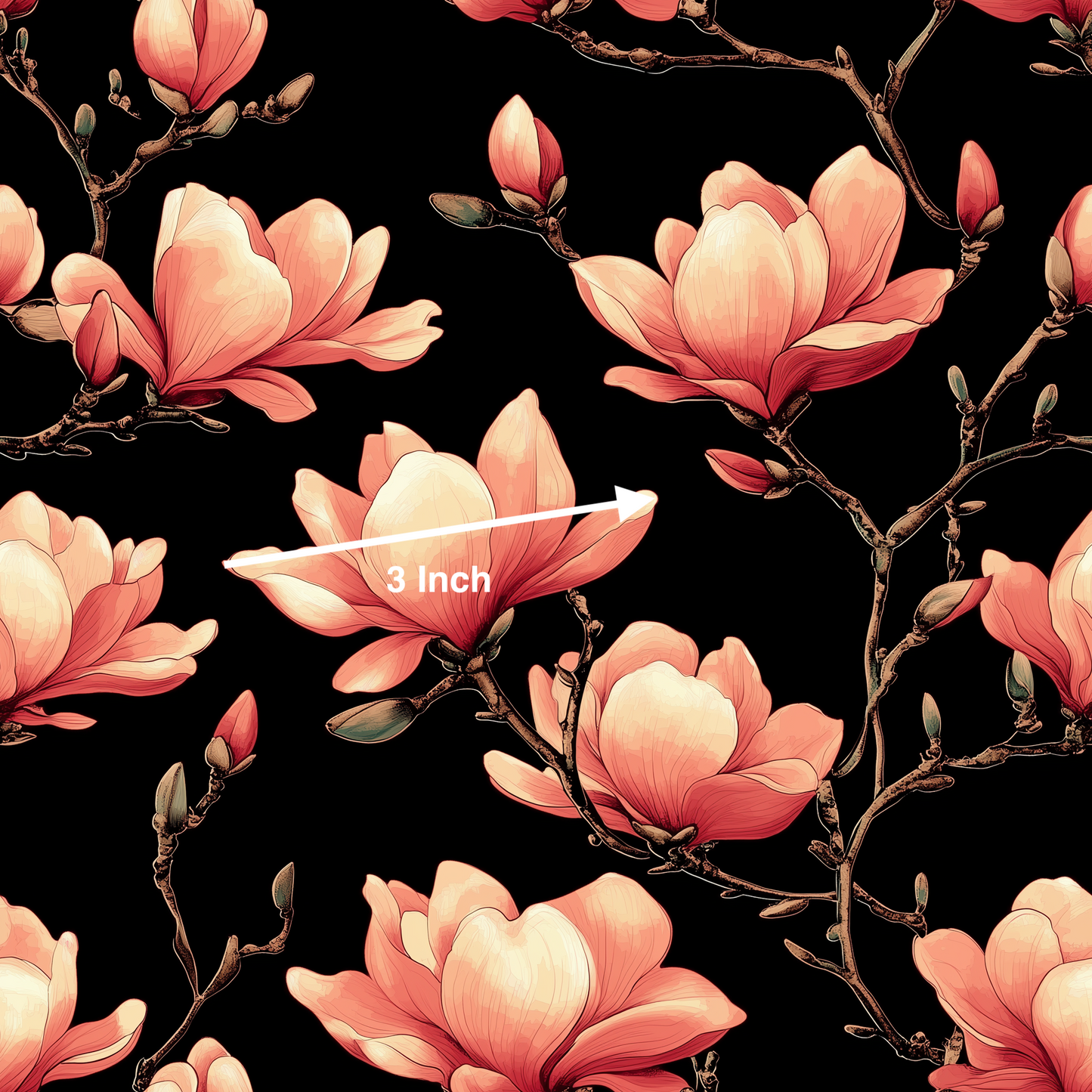 Peach Magnolia on Black (July Pre-Order) - Fabric