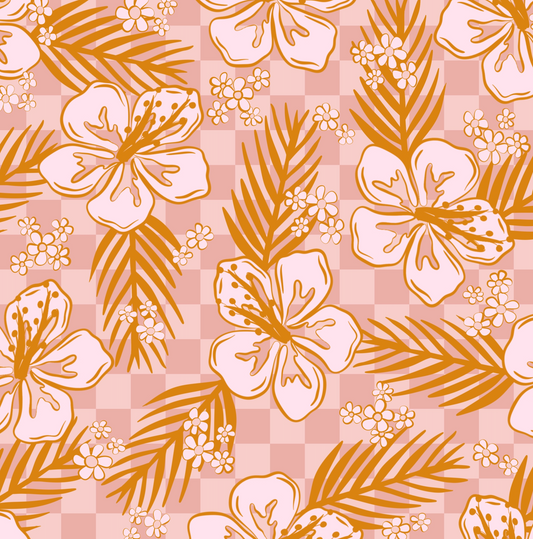 Pink Check Hibiscus - Linen Fabric