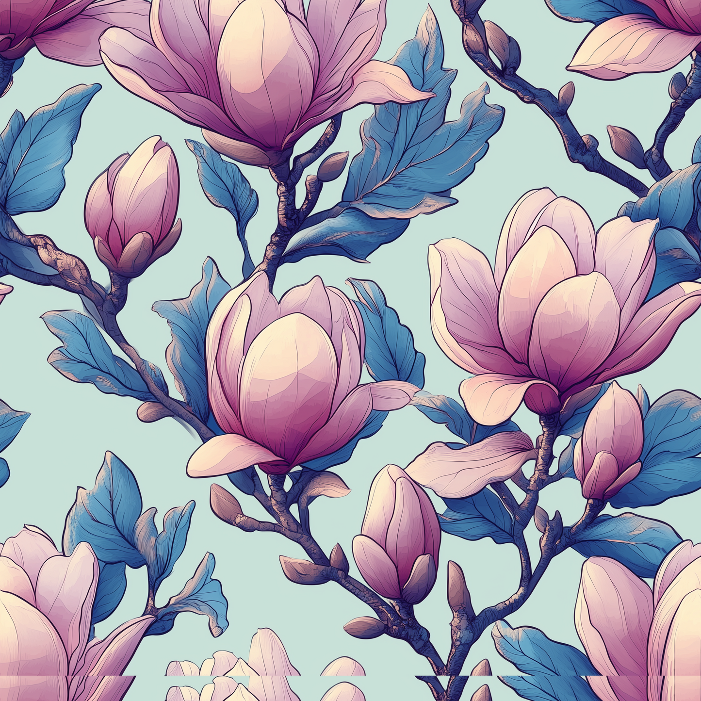 Pink Closed Magnolia on Blue (May Pre-Order) - Fabric