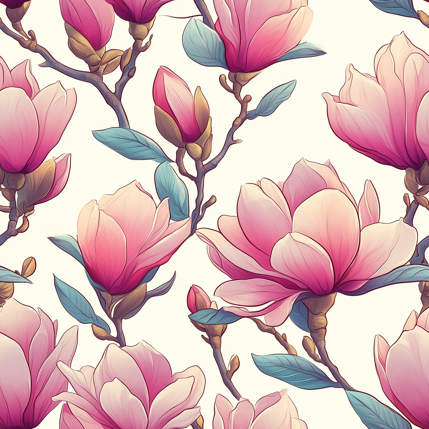 Pink Closed Magnolia on White (July Pre-Order) - Fabric