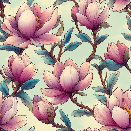 Pink Open Magnolia on Soft Mint (June Pre-Order) - Fabric