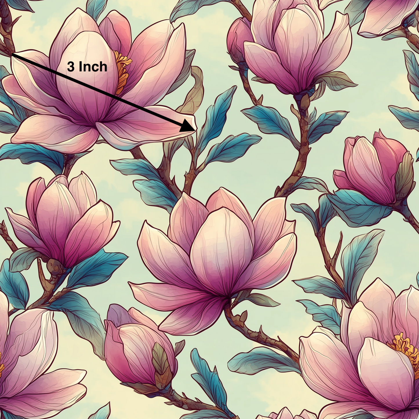 Pink Open Magnolia on Soft Mint (July Pre-Order) - Fabric