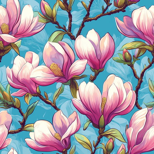 Pink Magnolia on Vivid Blue (June Pre-Order) - Fabric