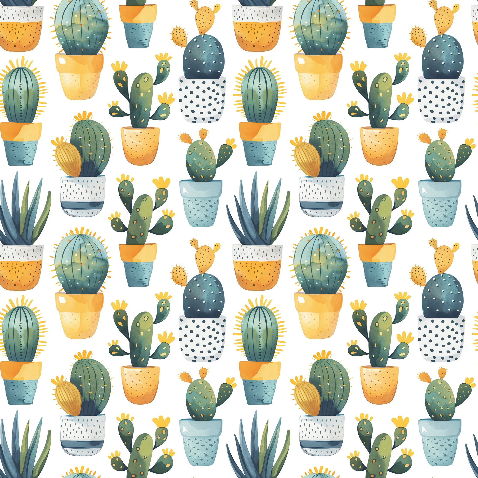 Pattern of various cacti and succulents in pots on a white background