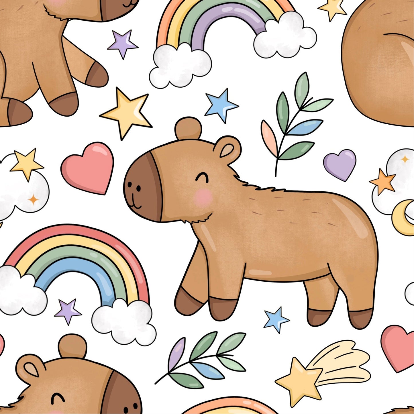 Cute capybara illustration with rainbows, stars, and hearts on a white background