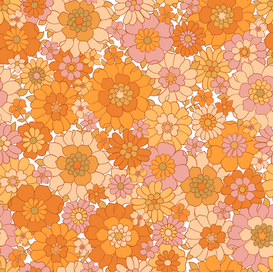 Retro Floral Mustard and pink - Cotton Lycra Fabric