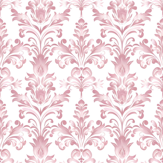 Pink floral damask pattern on a white background
