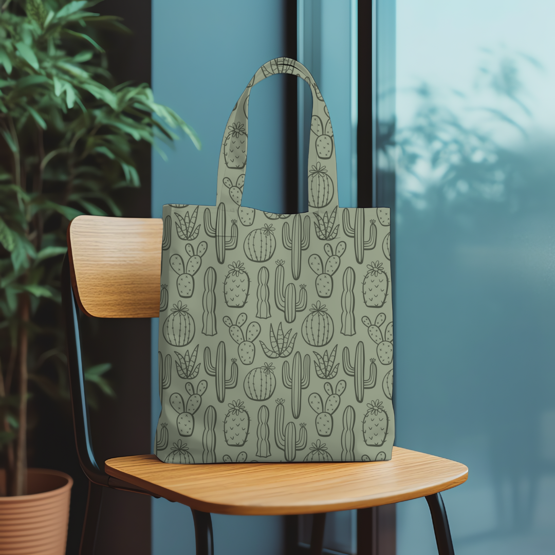 Tote bag with cactus pattern on a wooden chair against a blue wall