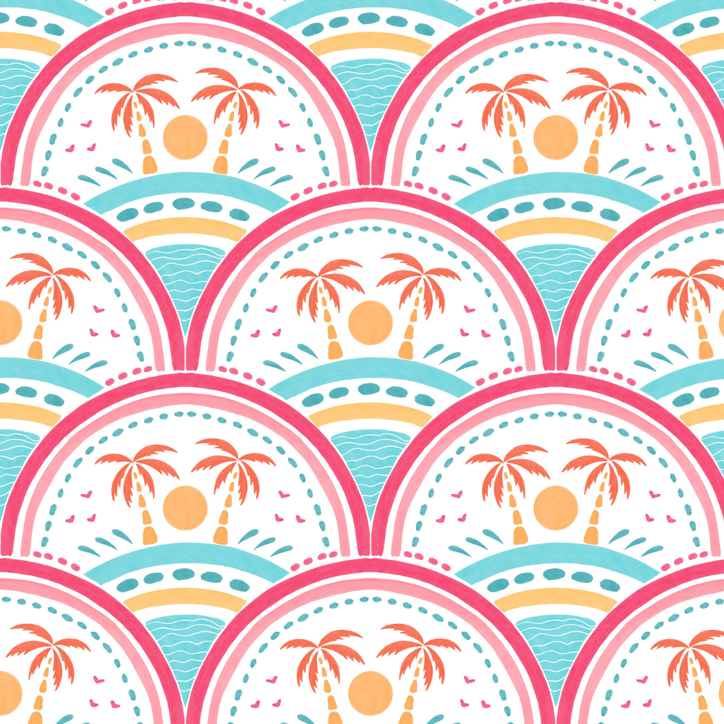 Colorful pattern with palm trees and suns on a white background