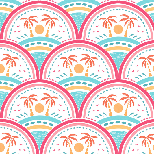 Colorful pattern with palm trees and suns on a white background