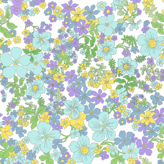 Colorful floral pattern with blue, purple, and yellow flowers on a white background