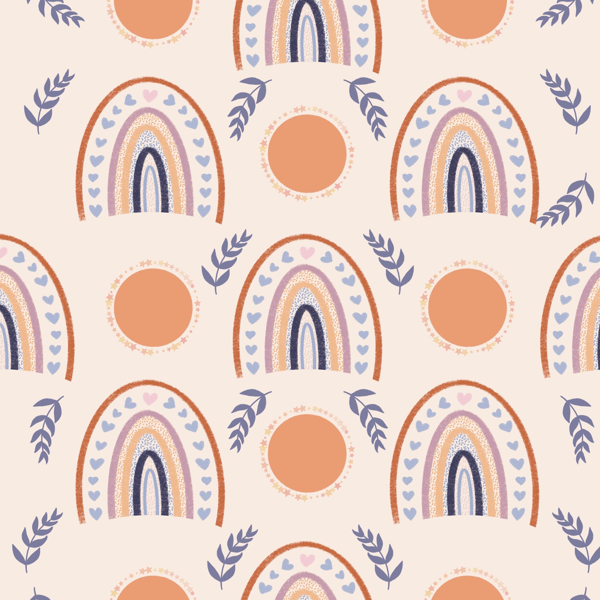 Pattern of rainbows, circles, and leaves on a beige background