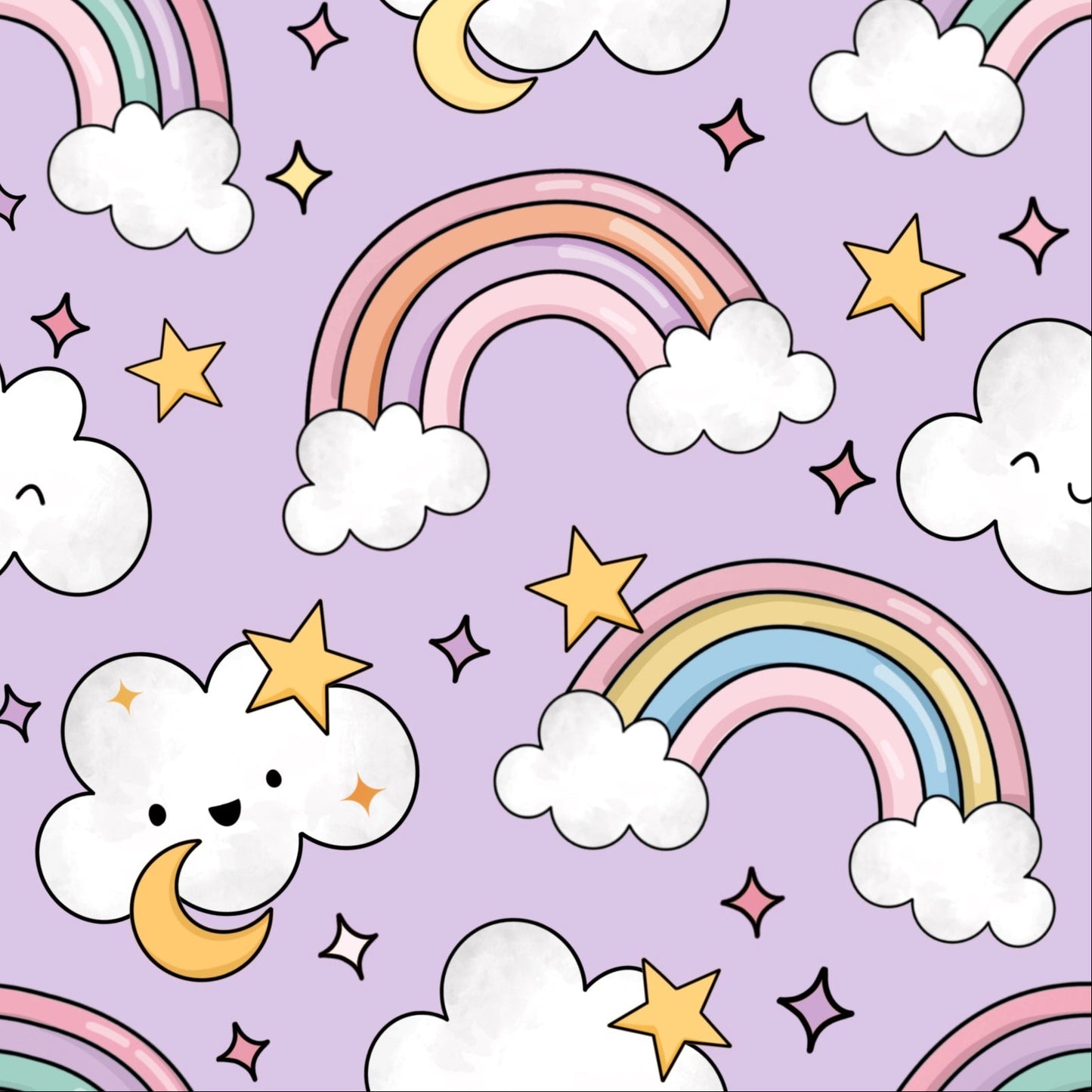 Pattern of rainbows, clouds, and stars on a purple background