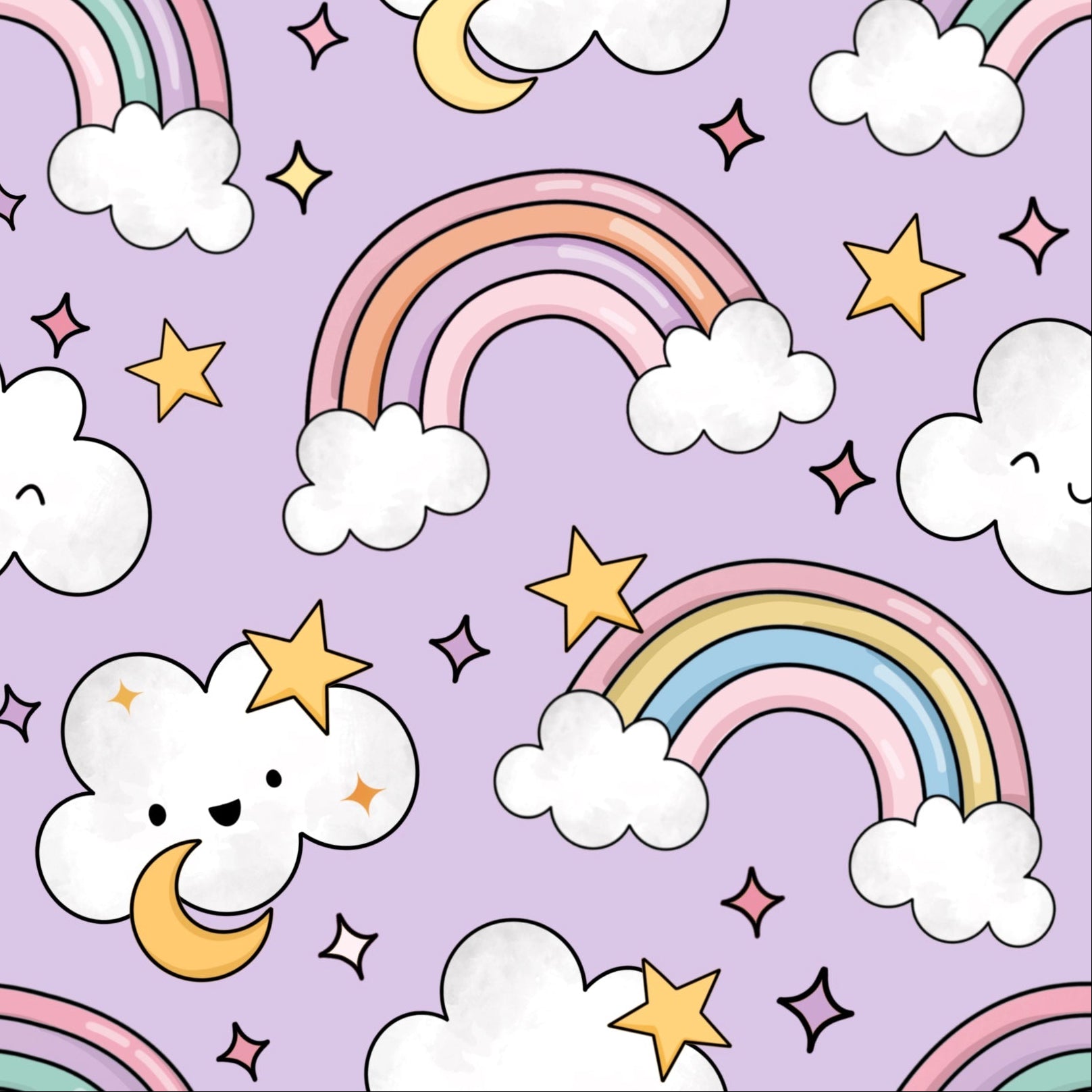 Pattern of rainbows, clouds, and stars on a purple background