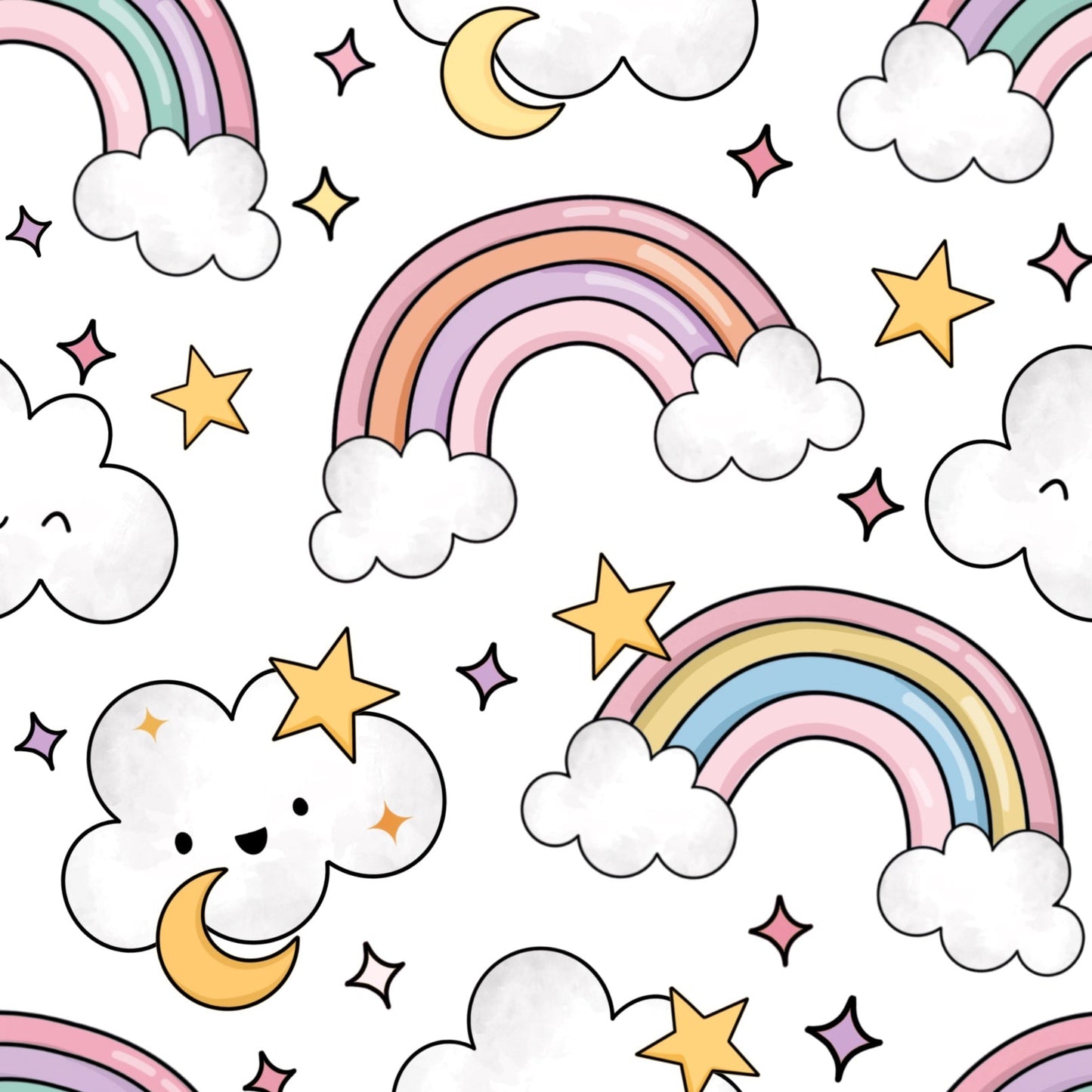 Pattern of rainbows, clouds, and stars on a white background