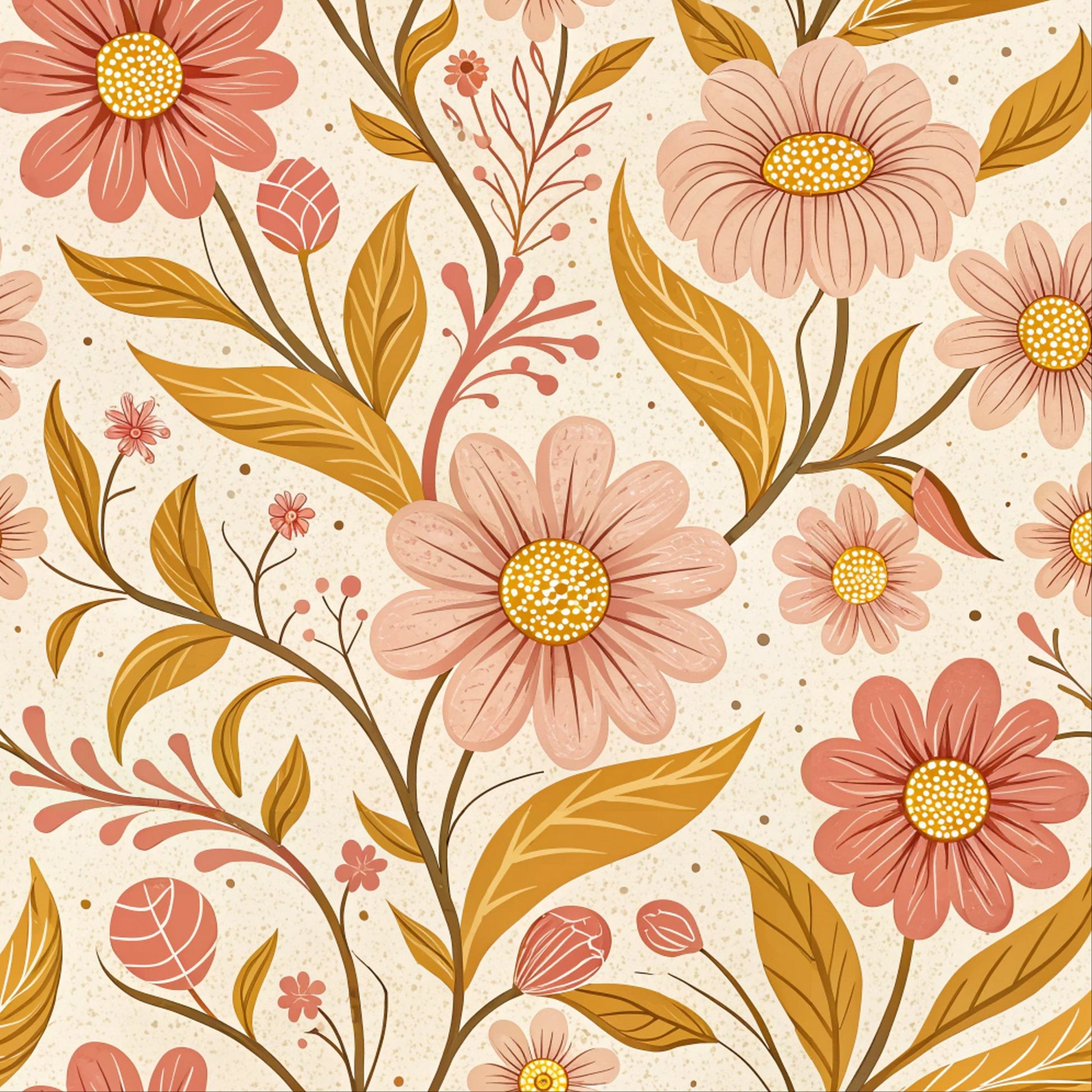 Floral pattern with pink and orange flowers on a beige background