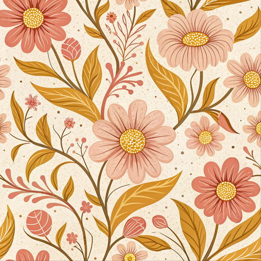 Floral pattern with pink and orange flowers on a beige background