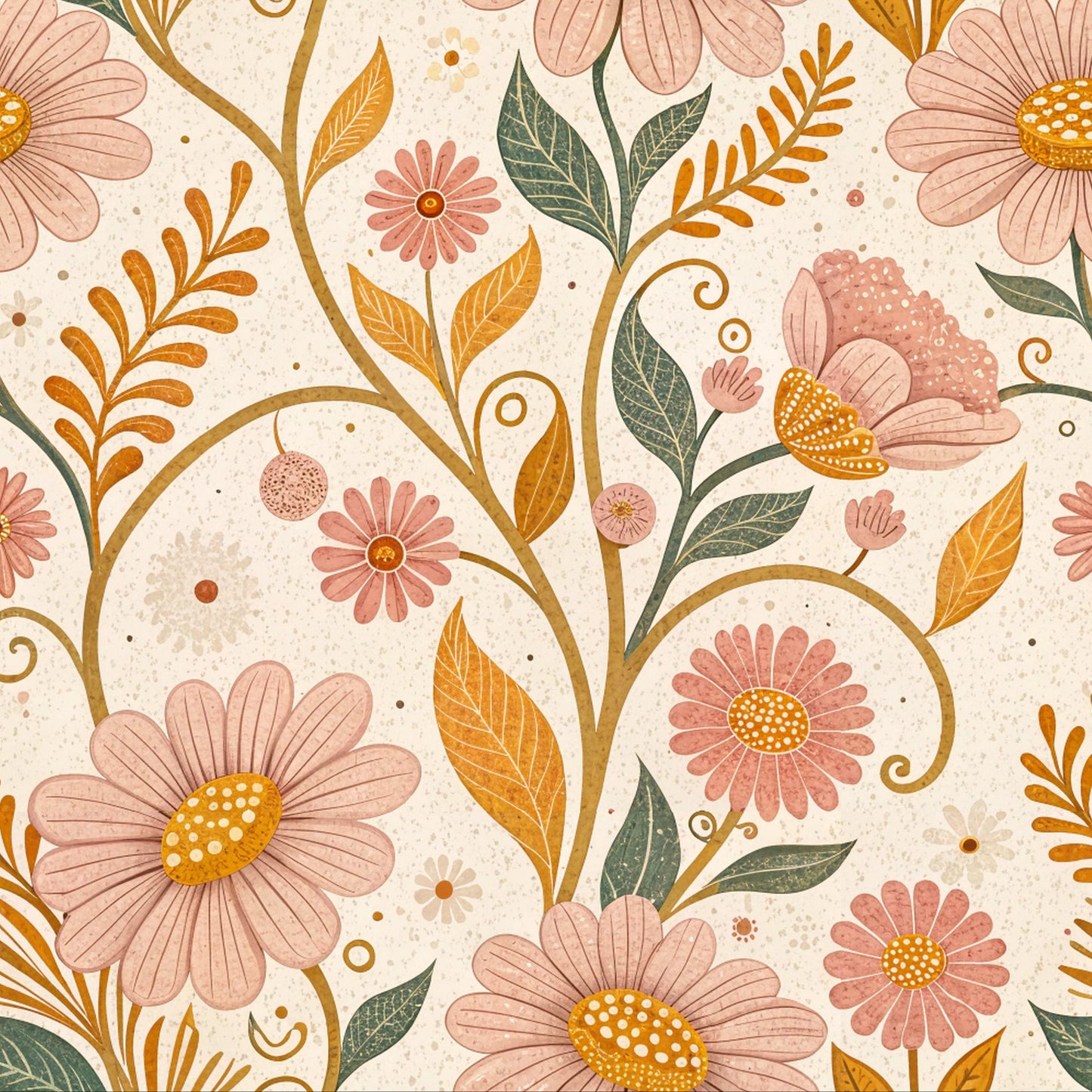 Floral pattern with pink and orange flowers on a beige background