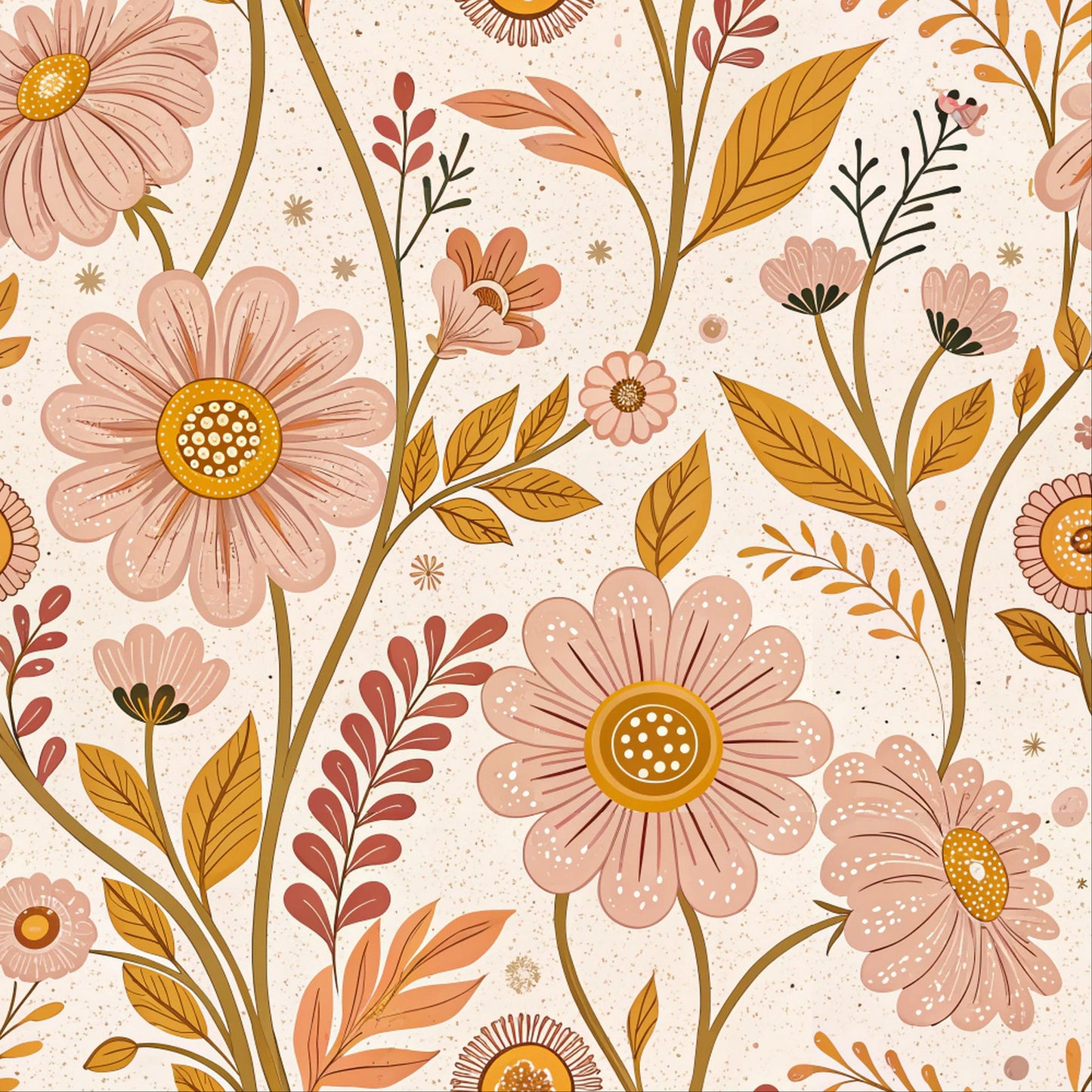 Pattern of pink flowers with yellow centers and green leaves on a beige background
