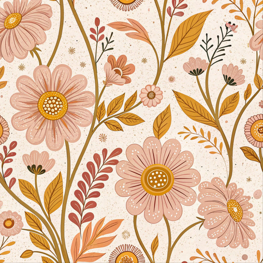 Pattern of pink flowers with yellow centers and green leaves on a beige background