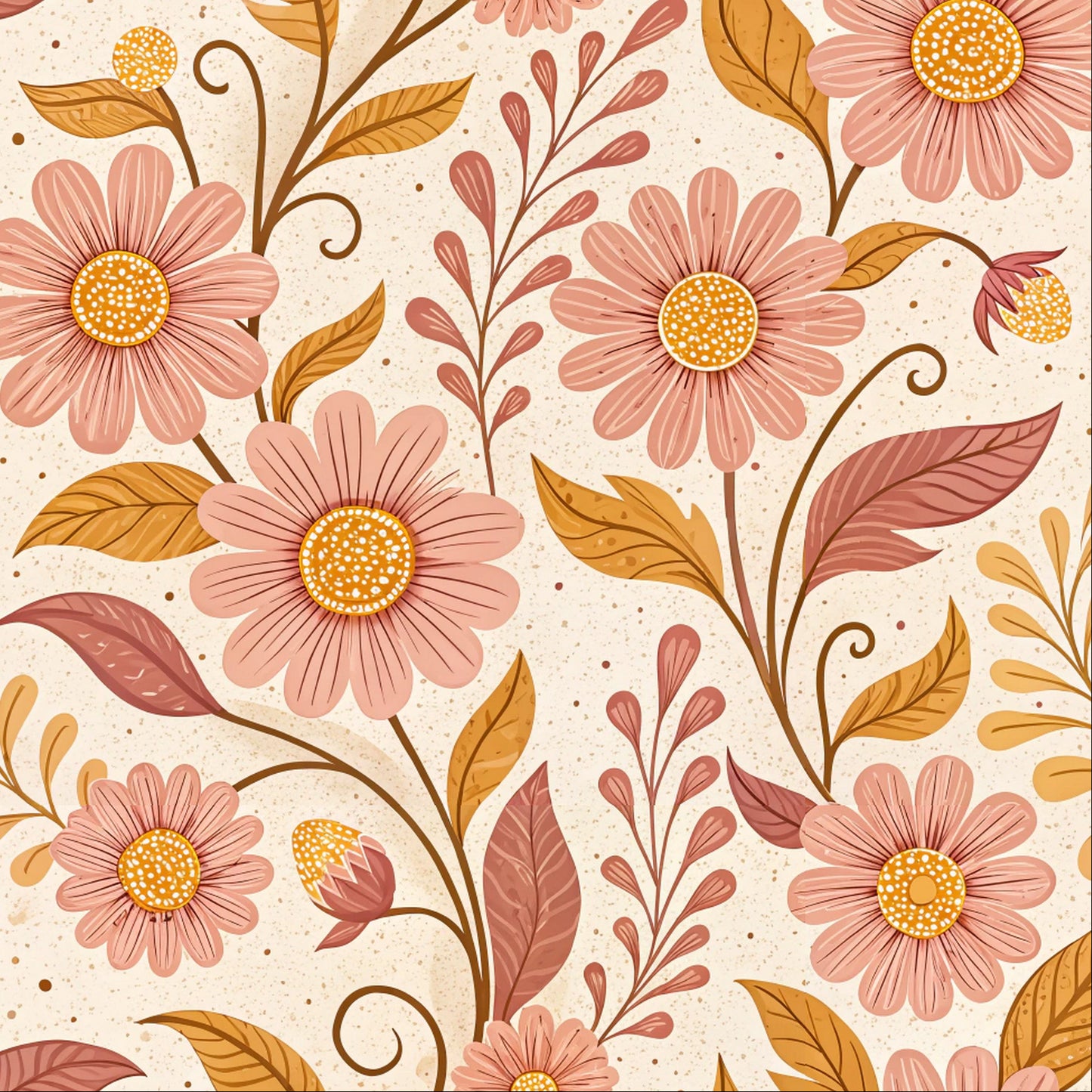 Floral pattern with pink flowers and leaves on a beige background