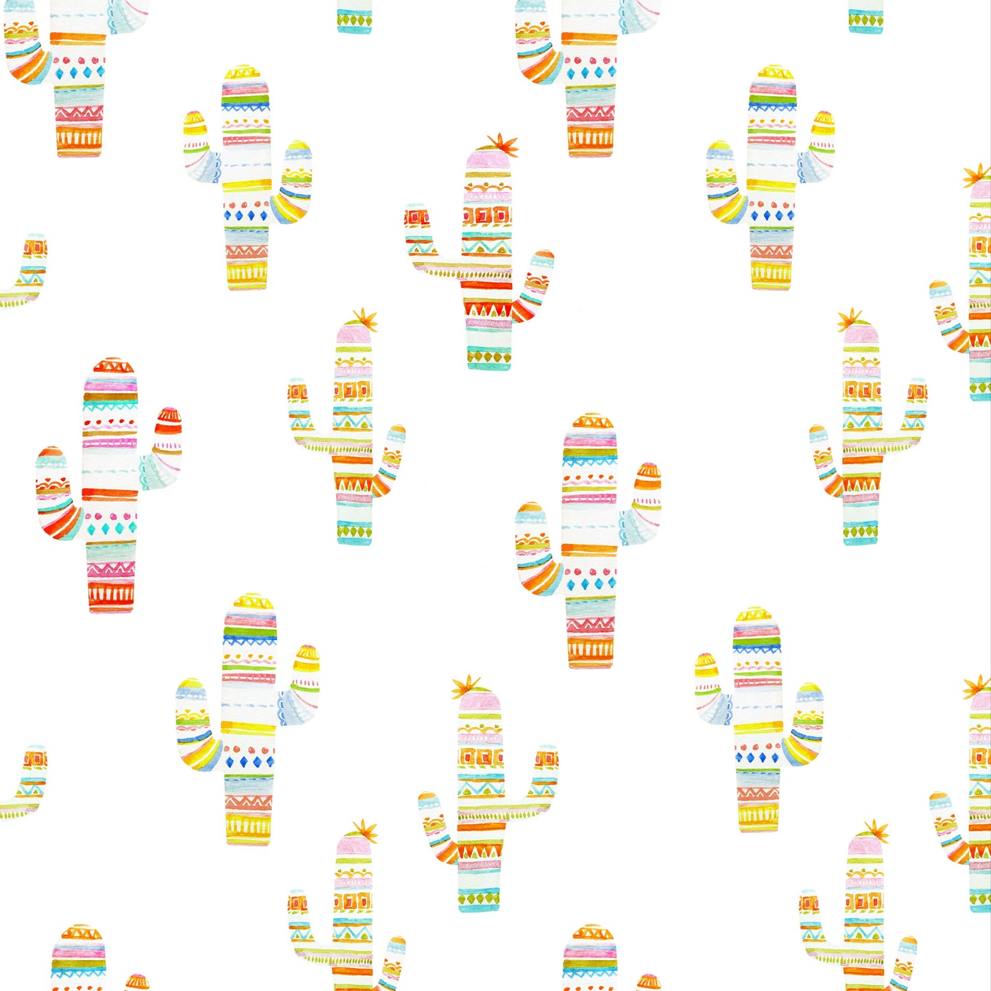 Pattern of colorful cacti on a white background