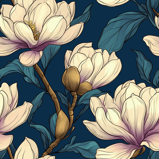 White Magnolia on Navy (June Pre-Order) - Fabric