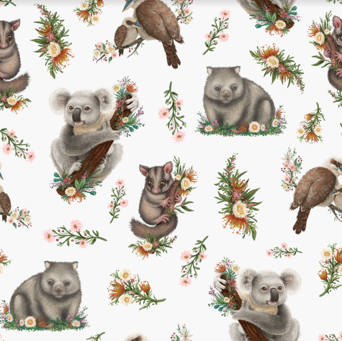 Aussie Animals on White - Minky Fabric