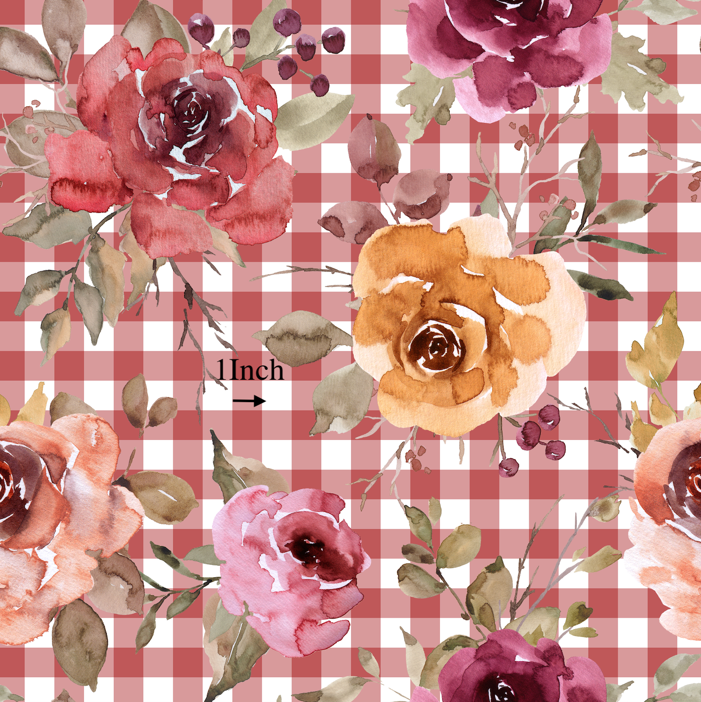 Gingham Floral Raspberry - Linen Fabric